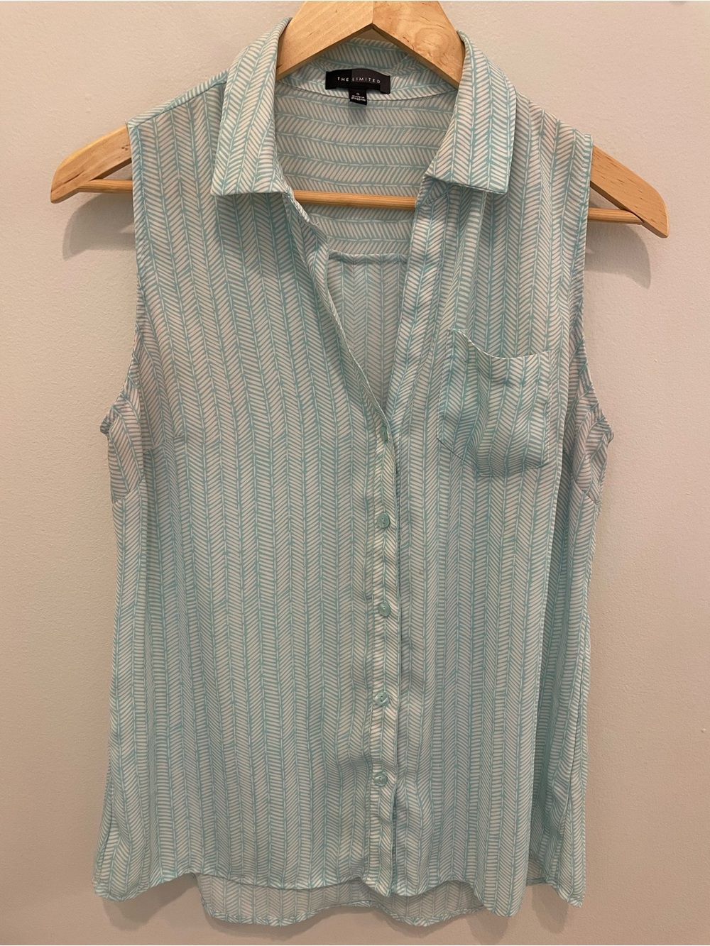 The Limited Sleeveless Button-Front Collared Top in Mint Stripe